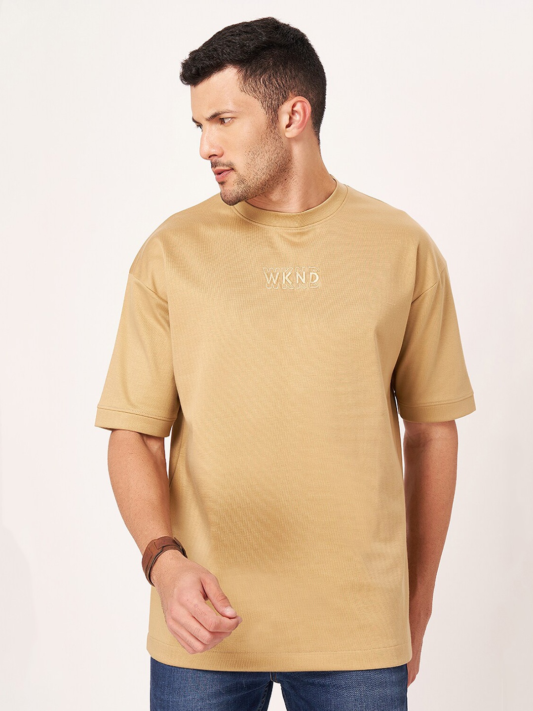 

ZU Drop-Shoulder Sleeves Cotton Oversized T-shirt, Beige