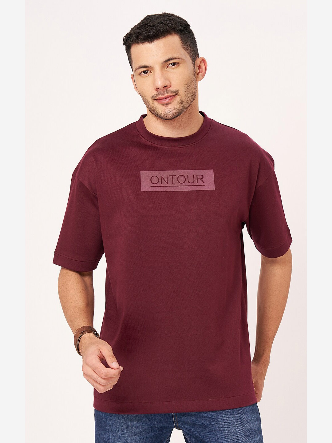 

ZU Typography Printed Drop-Shoulder Sleeves Oversized Cotton T-shirt, Maroon