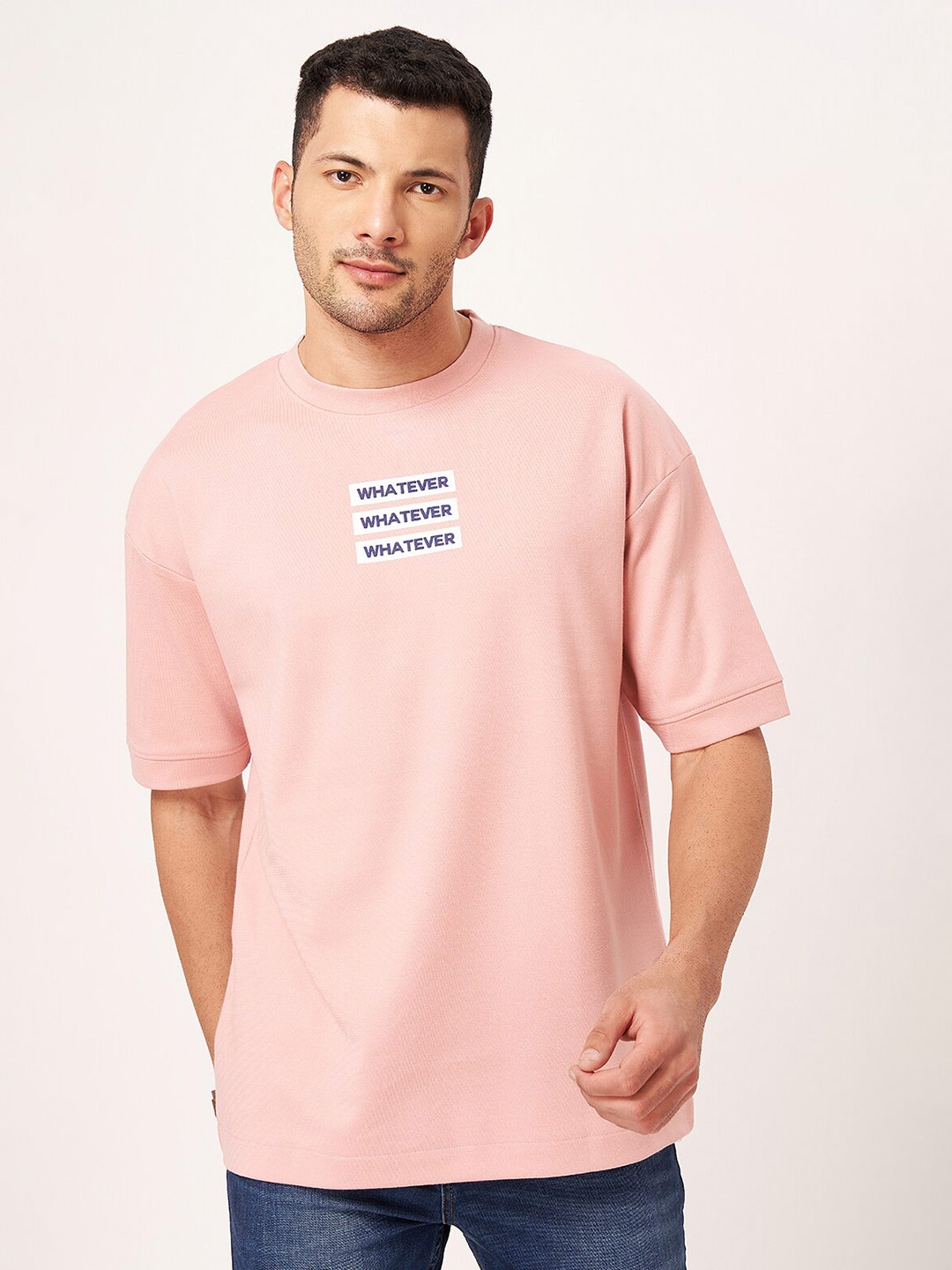 

ZU Typography Printed Drop-Shoulder Sleeves Oversized Cotton T-shirt, Pink