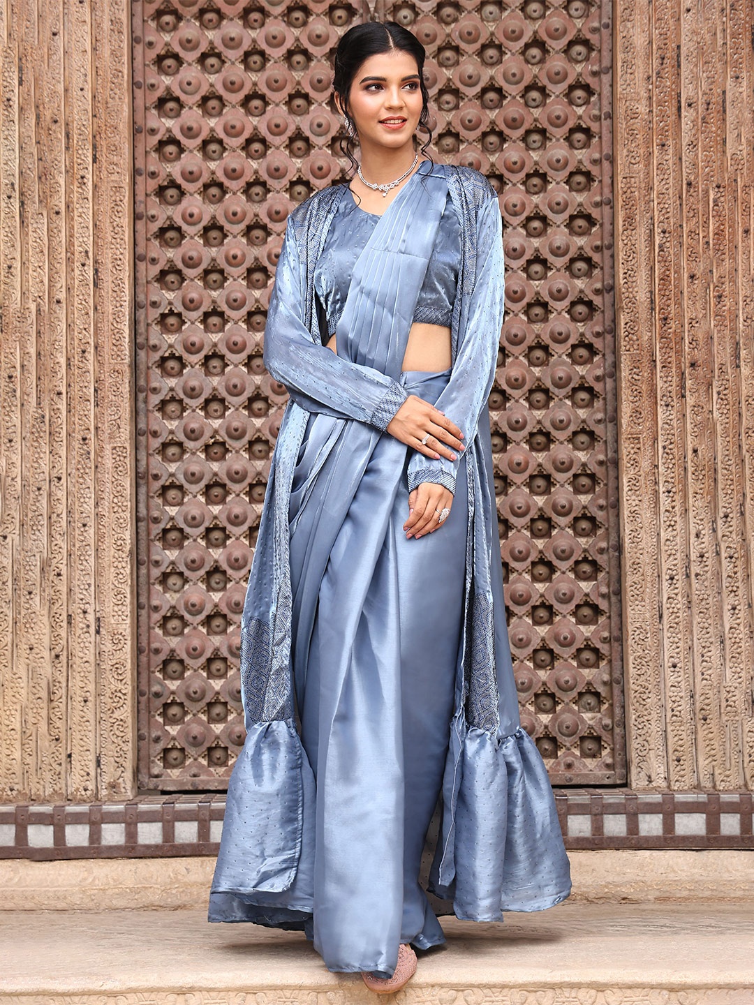 

AMOHA TRENDZ Satin Ready to Wear Saree With Full Shrug, Blue