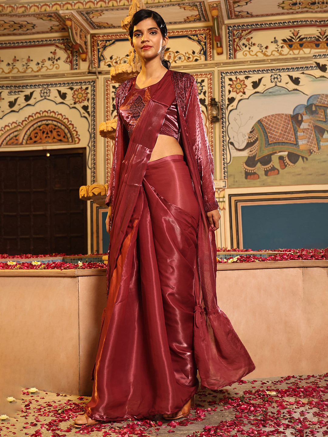

AMOHA TRENDZ Satin Ready to Wear Saree With Full Shrug, Rust