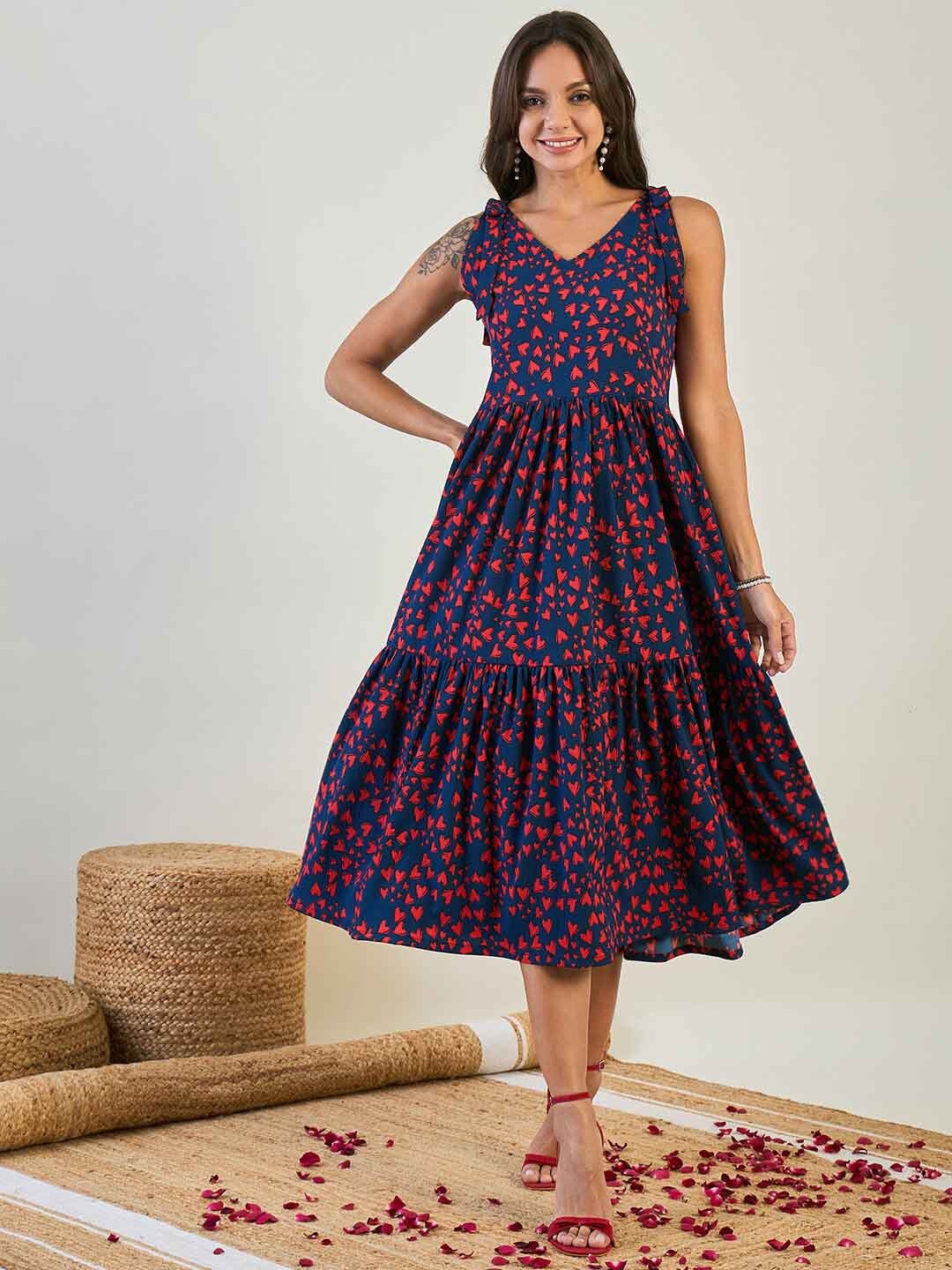 

The Kaftan Company Conversational Printed Tiered Fit and Flare Midi Dress, Navy blue