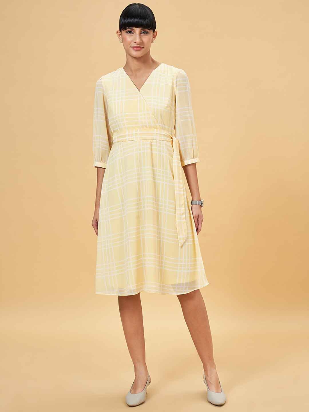 

Annabelle by Pantaloons Checked V-Neck Cuffed Sleeves A-Line Dress With Belt, Yellow