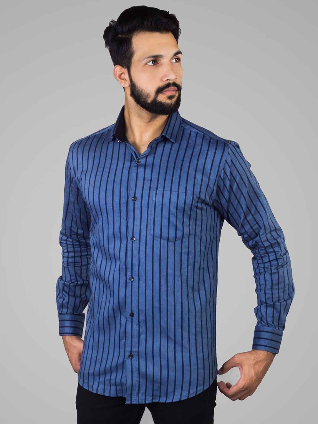 

INDIAN THREADS Slim Fit Striped Cotton Casual Shirt, Blue