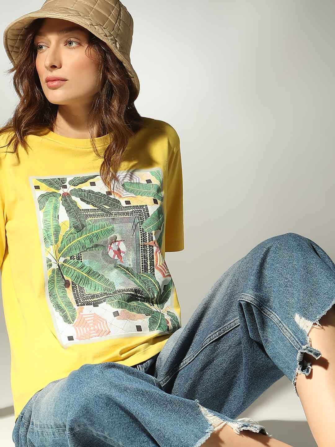 

Vero Moda Graphic Printed Round Neck Pure Cotton T-shirt, Yellow