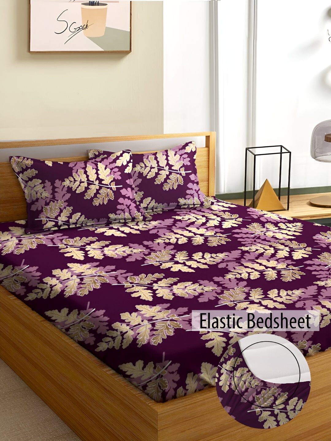 

Aura Purple & Cream Floral 180 TC Fitted Queen Bedsheet With 2 Pillow Covers
