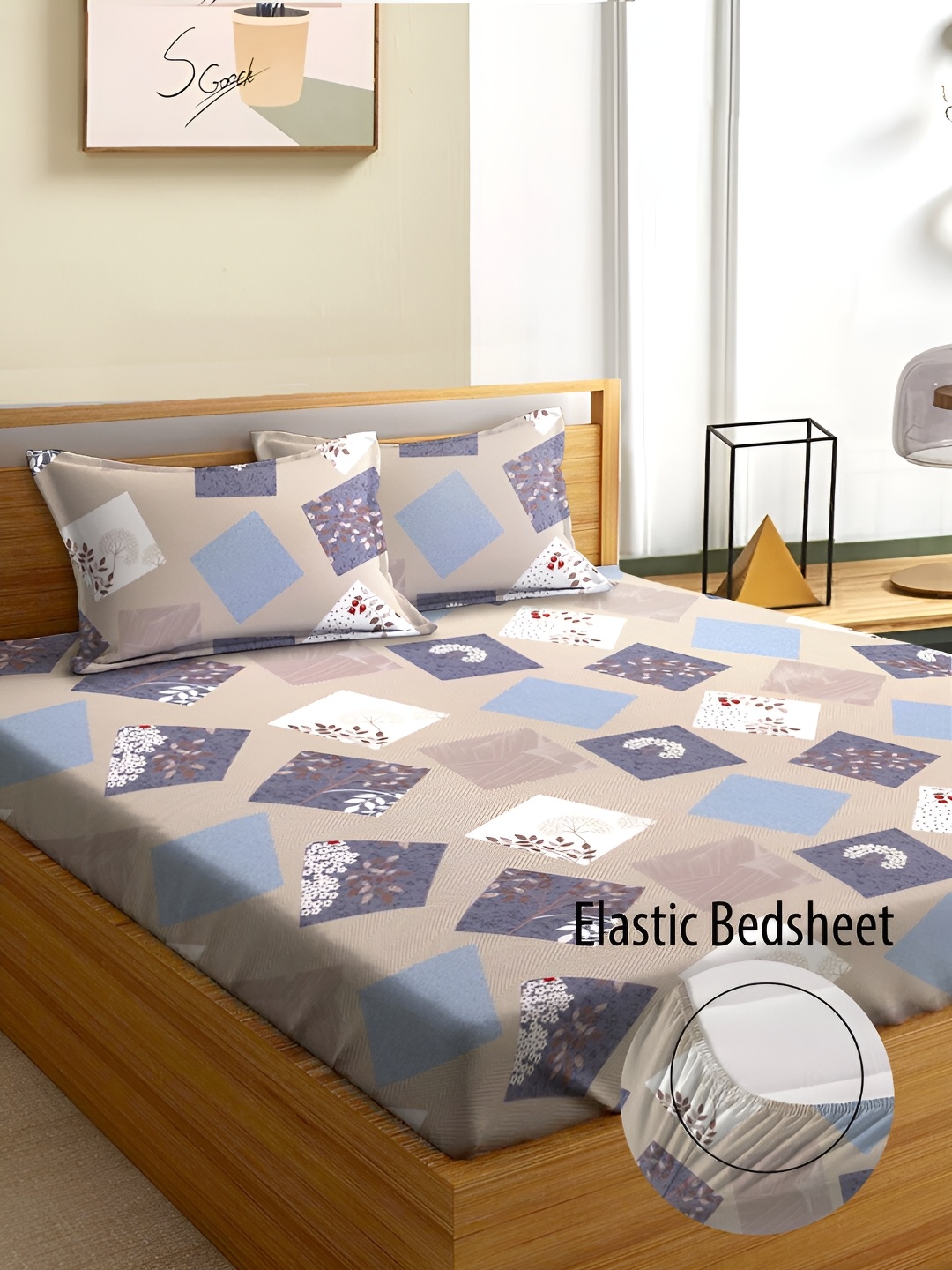 

Aura Brown & Blue Geometric 180 TC Fitted Queen Bedsheet With 2 Pillow Covers