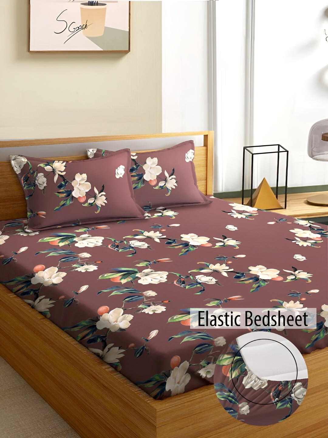 

Aura Brown & Green Floral 180 TC Fitted Queen Bedsheet With 2 Pillow Covers