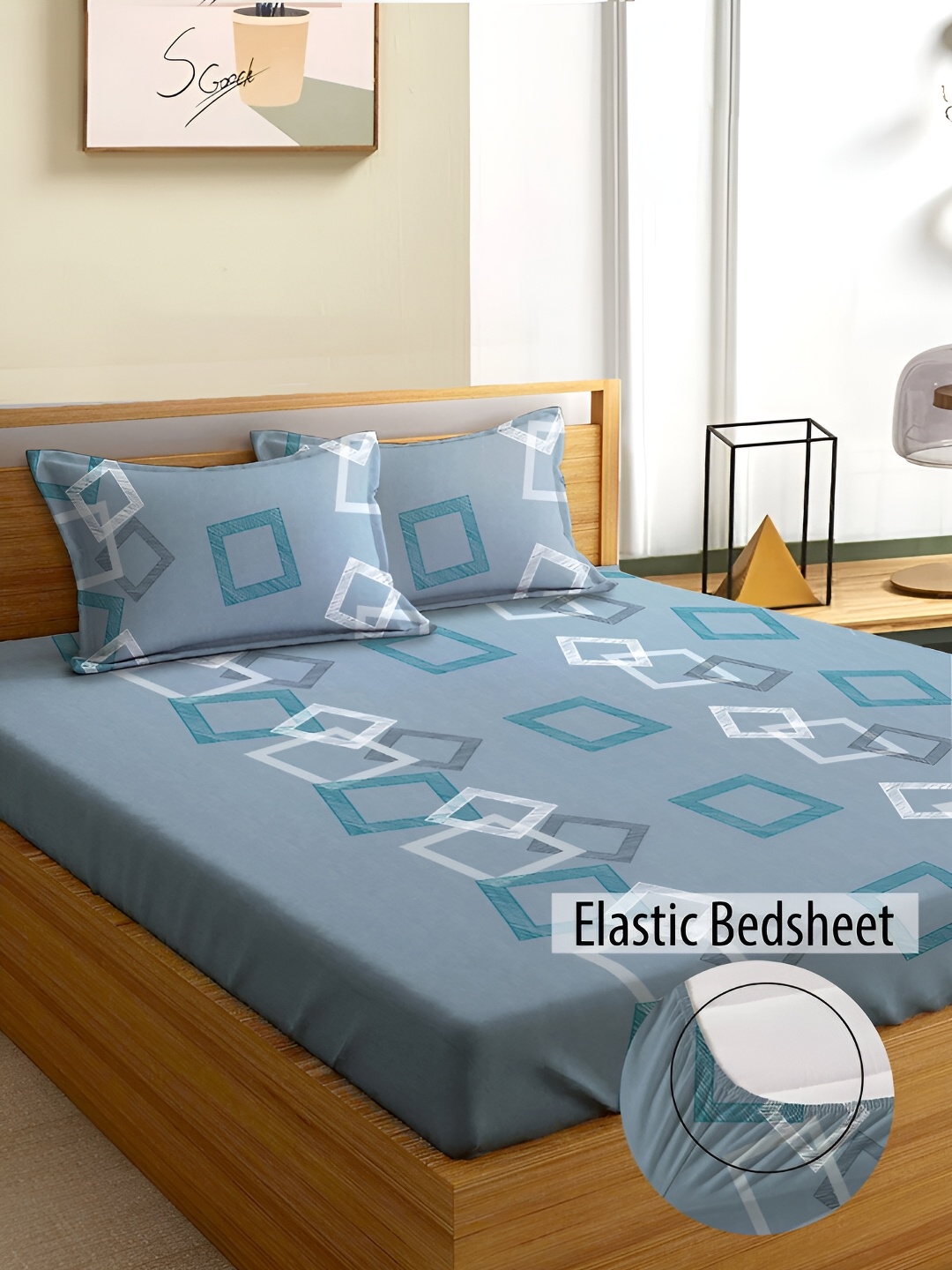 

Aura Blue & White Geometric 180 TC Fitted Queen Bedsheet With 2 Pillow Covers