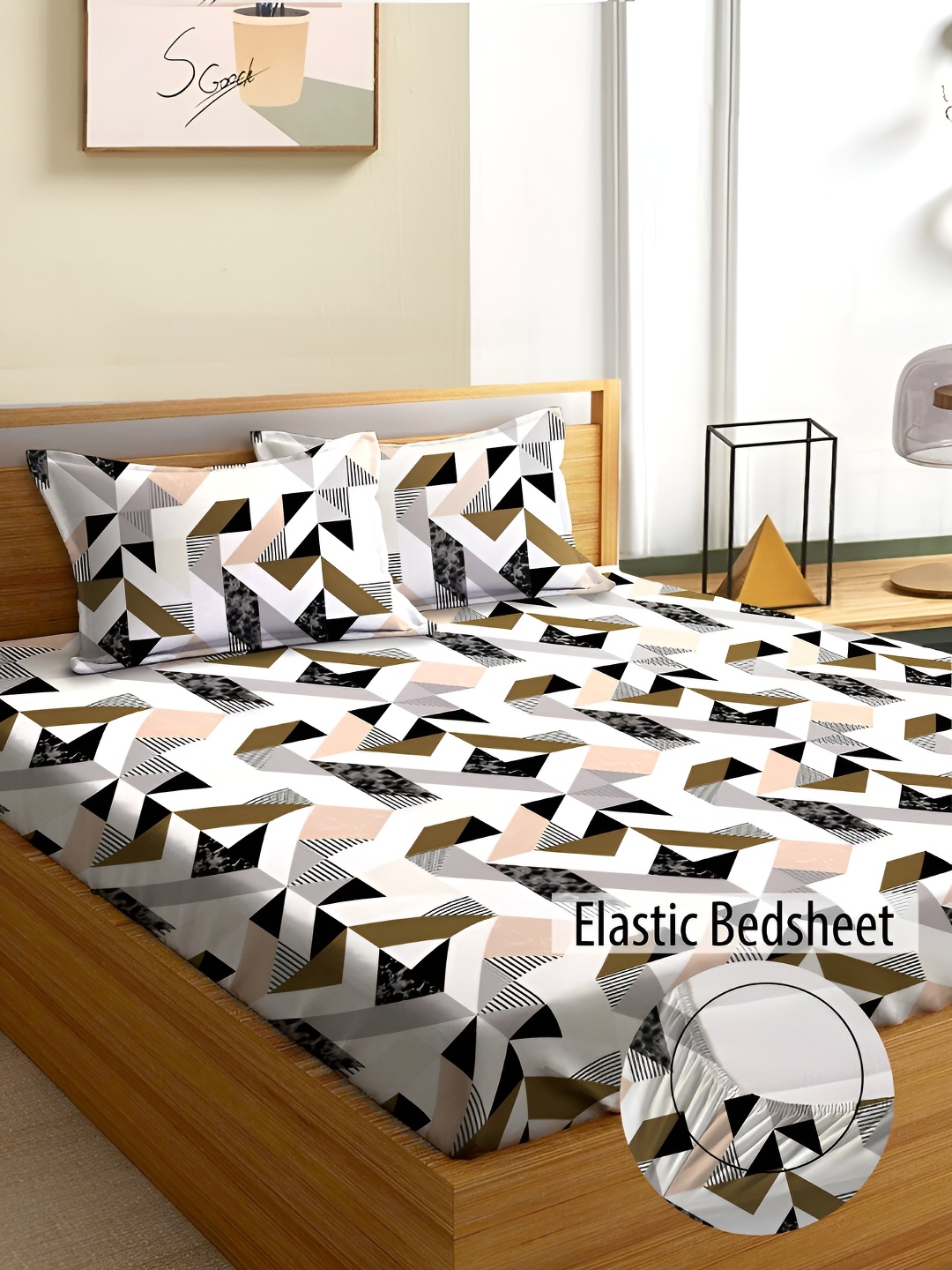 

Aura Green & White Geometric 180 TC Fitted Queen Bedsheet With 2 Pillow Covers
