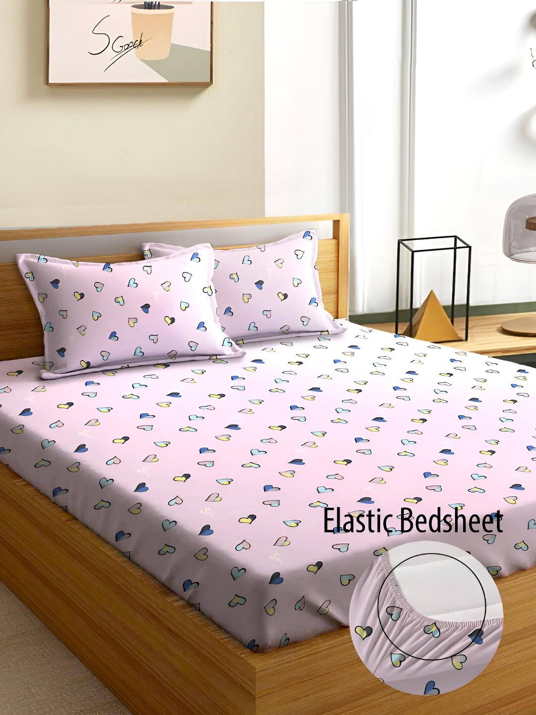 

Aura Pink & Blue Graphic 180 TC Fitted Queen Bedsheet With 2 Pillow Covers