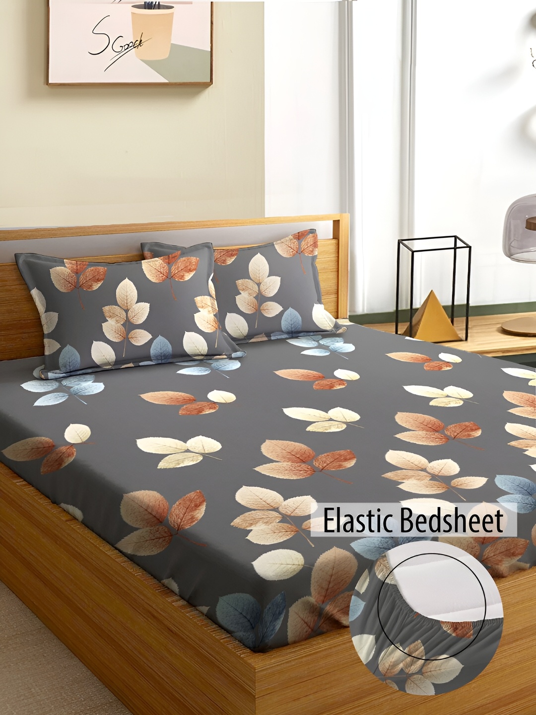 Aura Grey & Brown Floral 180 TC Fitted Queen Bedsheet With 2 Pillow Covers