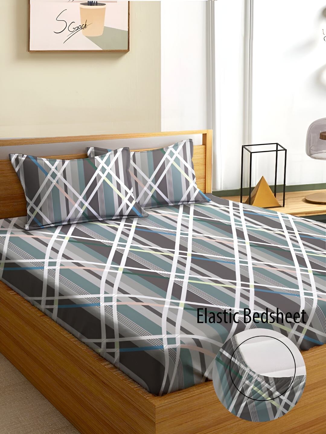 

Aura Grey & Green Geometric 180 TC Fitted Queen Bedsheet With 2 Pillow Covers