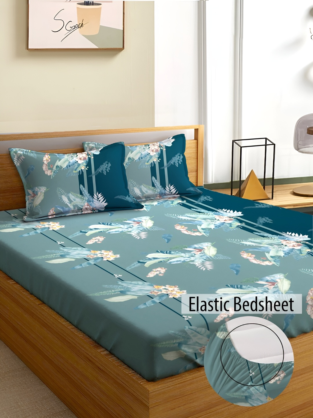 

Aura Green & Brown Floral 180 TC Fitted Queen Bedsheet With 2 Pillow Covers