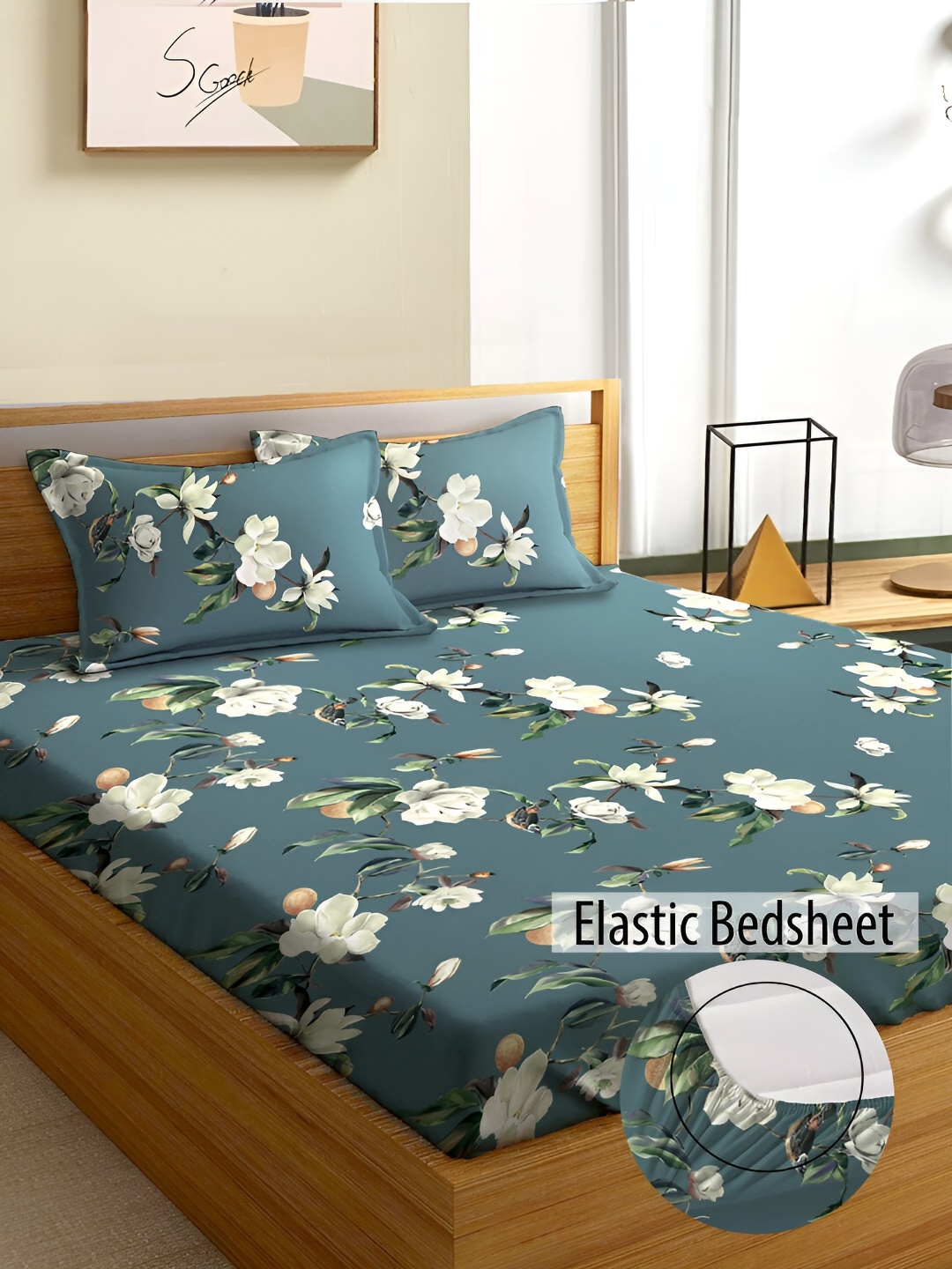 

Aura Green & Cream Floral 180 TC Fitted Queen Bedsheet With 2 Pillow Covers