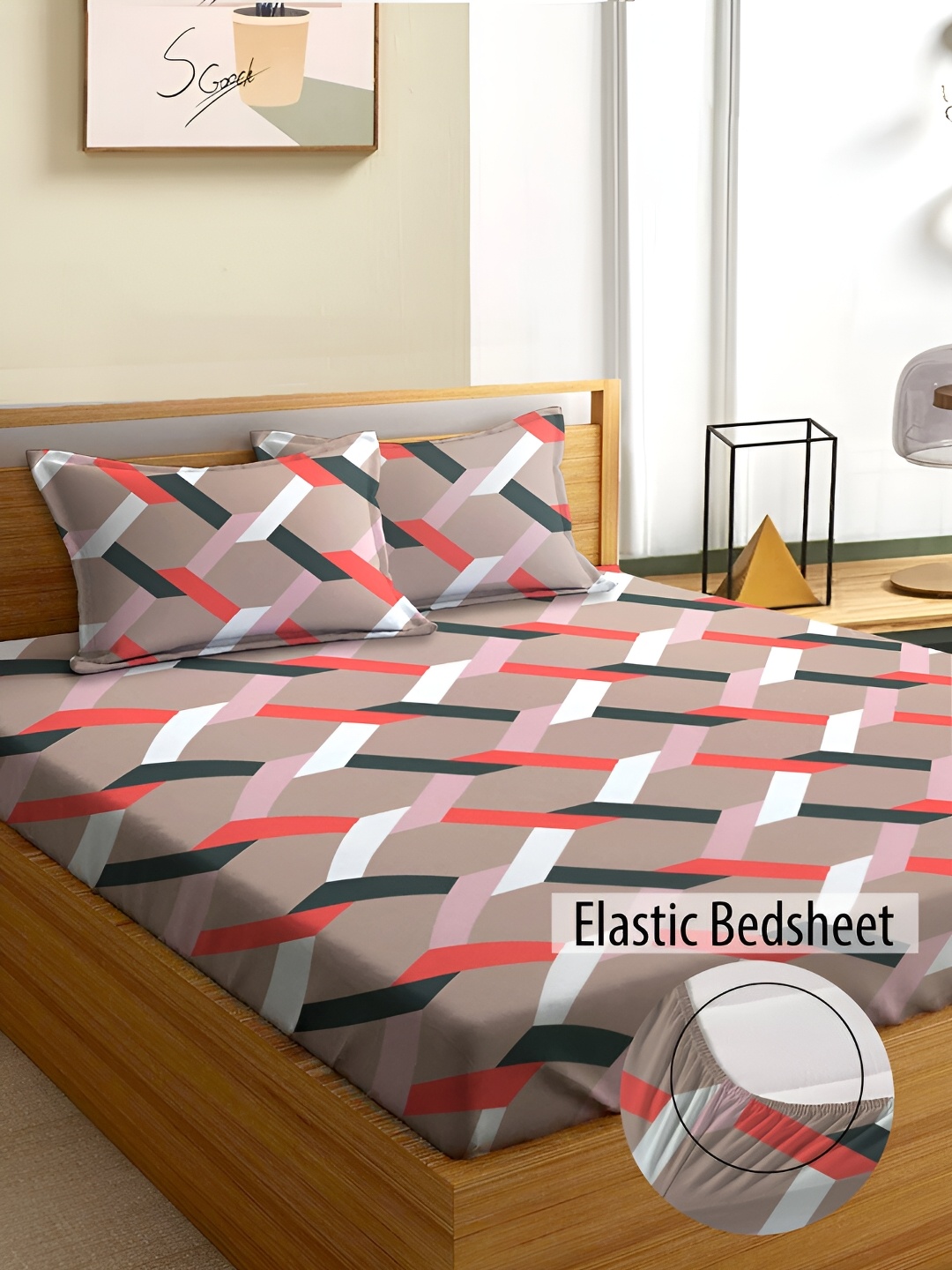 Aura Brown & Red Geometric 180 TC Fitted Queen Bedsheet With 2 Pillow Covers