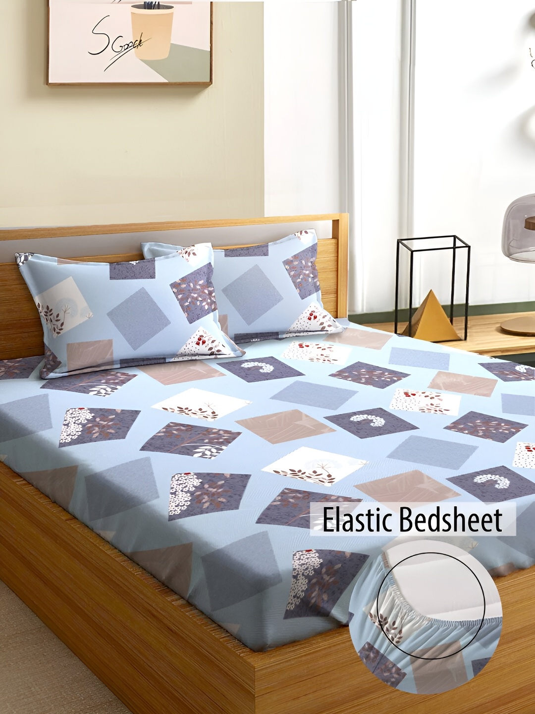 Aura Blue & Brown Abstract Printed 180 TC Queen Bedsheet With 2 Pillow Covers