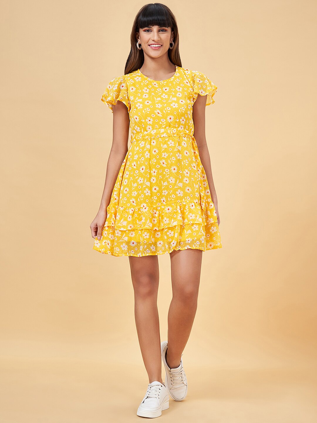 

People Yellow Floral Printed Flutter Sleeves Belted A-Line Dress