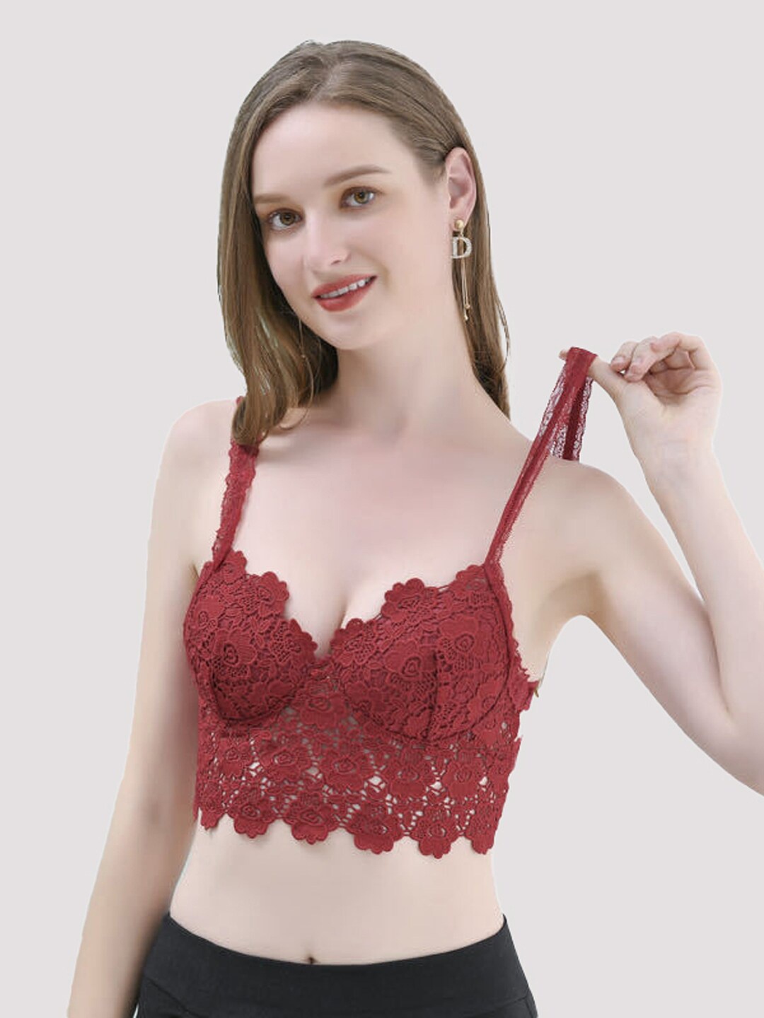 

VAGHBHATT Floral Laced Modal Bralette Bra Half Coverage Lightly Padded, Red