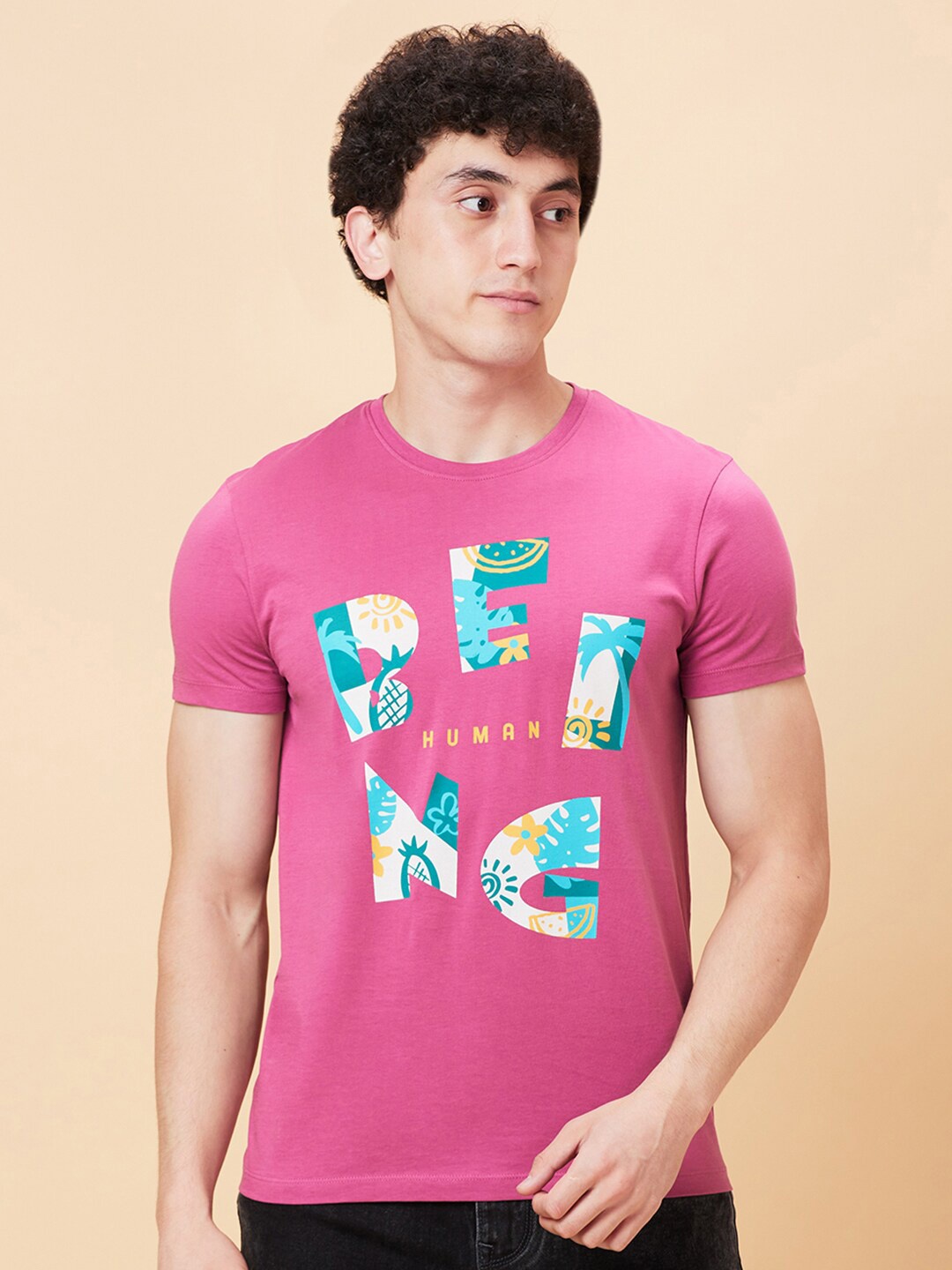 

Being Human Typography Printed Round Neck Short Sleeves T-shirt, Pink