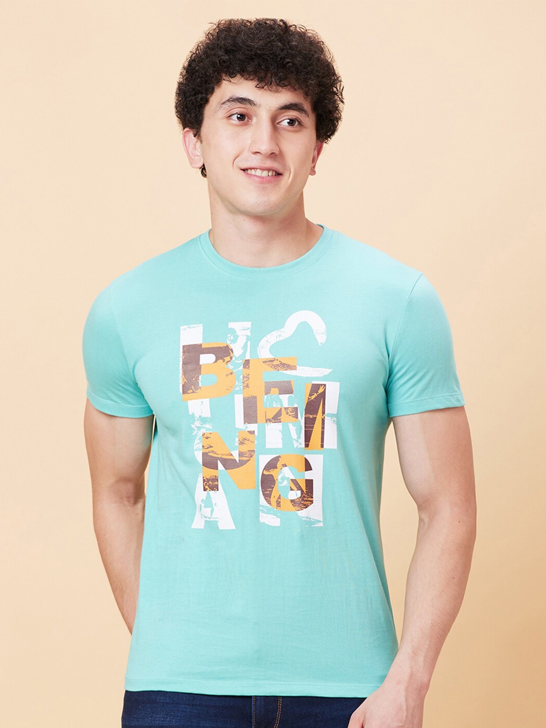 

Being Human Typography Printed Cotton Raw Edge Slim Fit T-shirt, Green