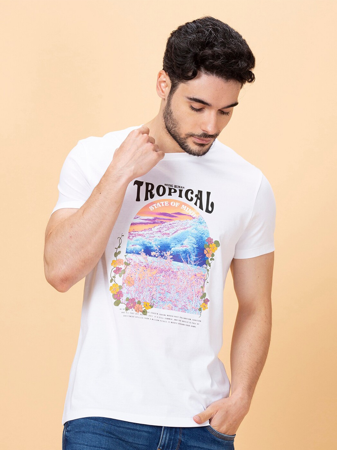 

Being Human Graphic Printed Polo Collar Cotton T-shirt, White