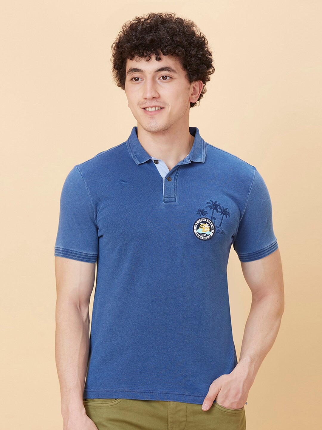 

Being Human Polo Collar Short Sleeves Applique T-shirt, Blue