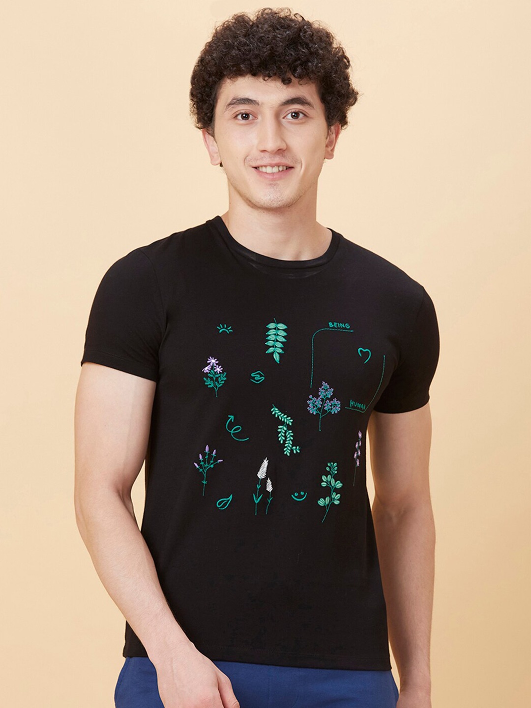 

Being Human Graphic Printed Cotton Knitted Round Neck T-shirt, Black