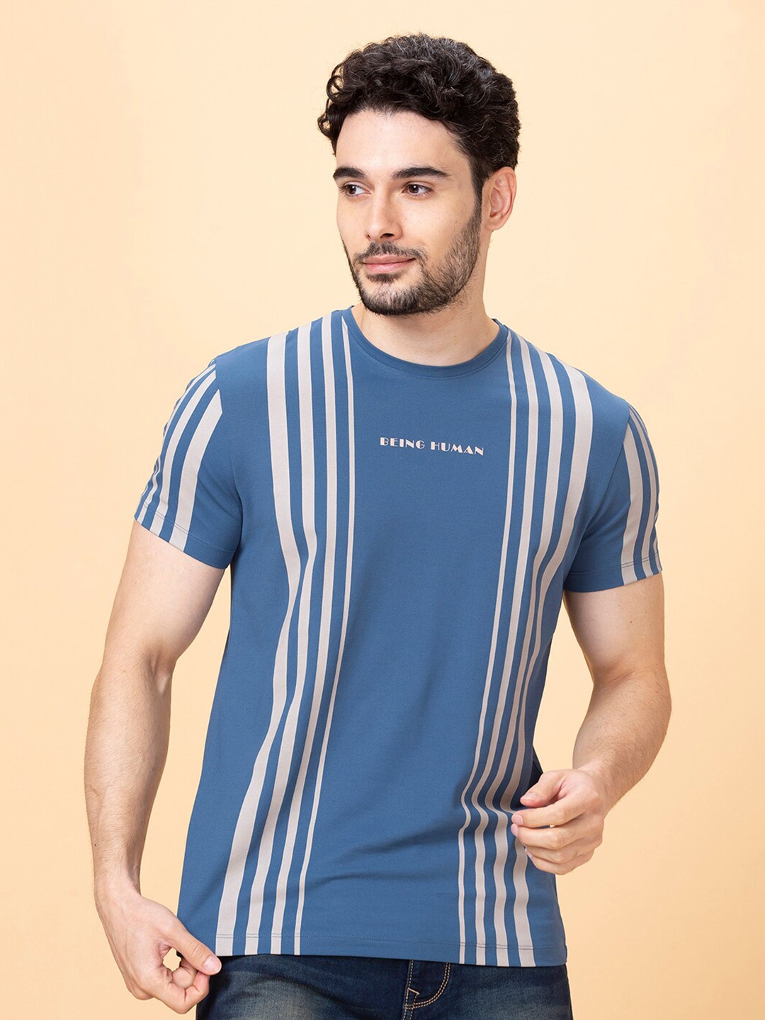 

Being Human Striped Cotton Round Neck T-shirt, Blue