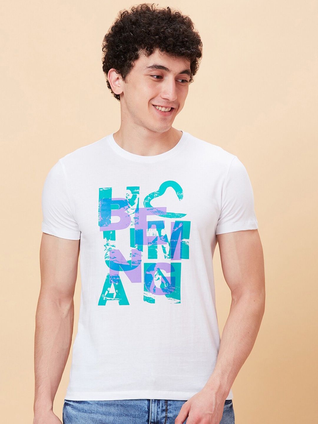 

Being Human Typography Printed Cotton Round Neck Short Sleeves Raw Edge Slim Fit T-shirt, White