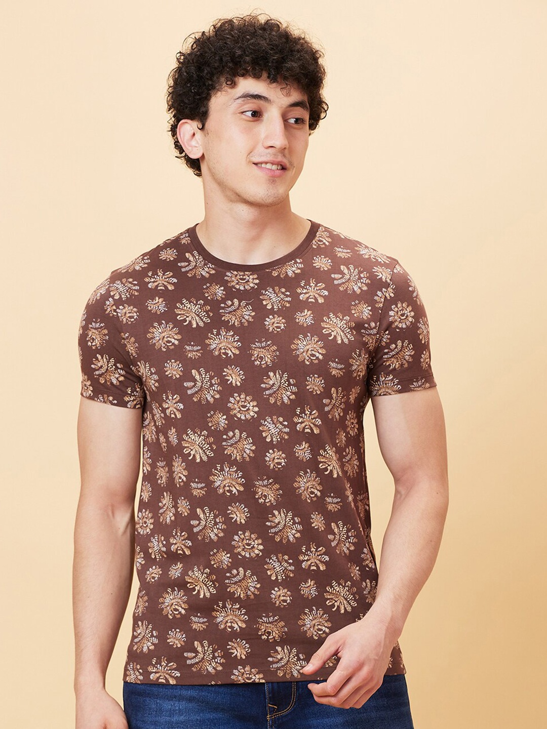 

Being Human Geometric Printed Cotton Round Neck Short Sleeves Pockets Casual T-shirt, Beige