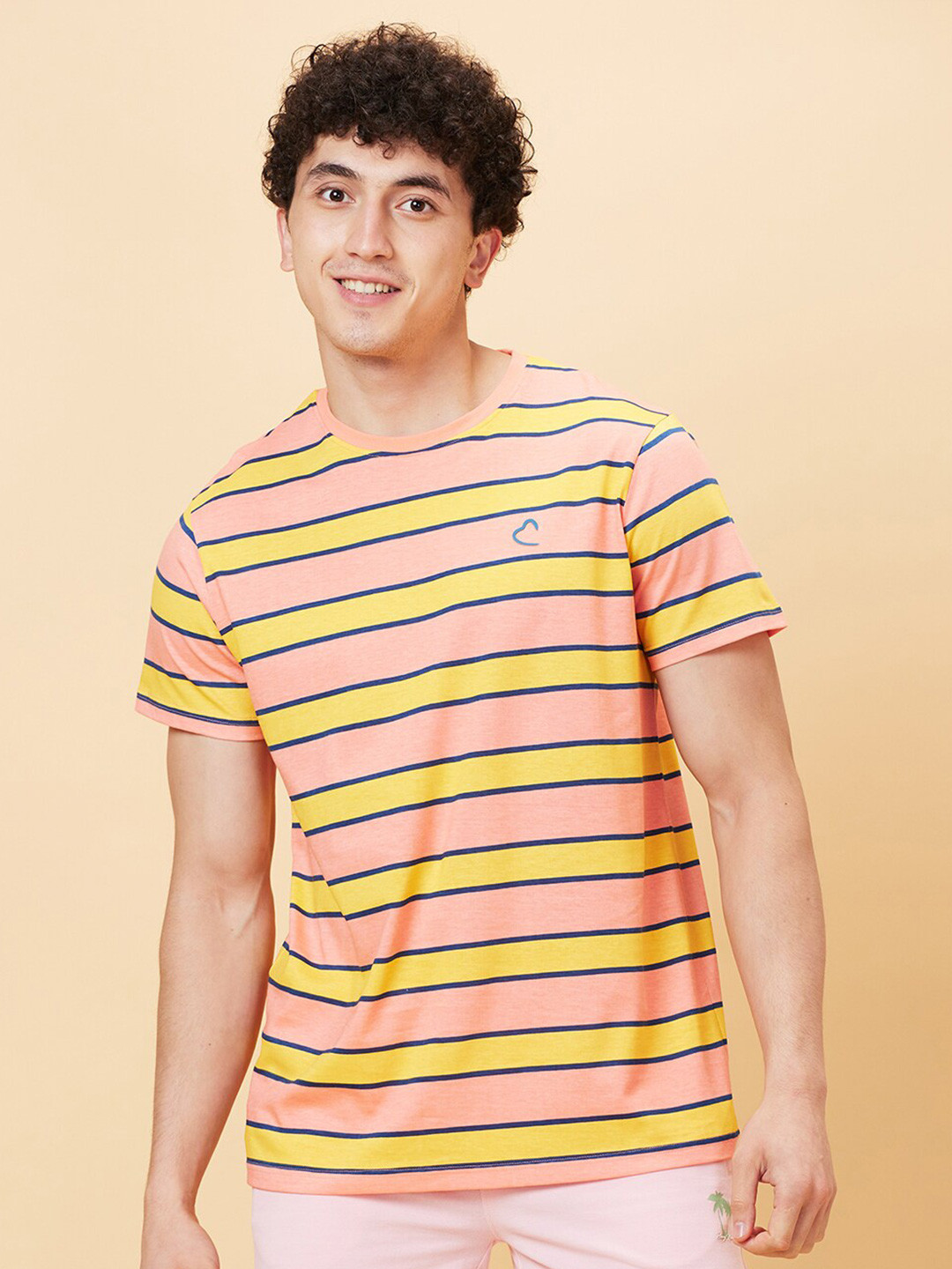 

Being Human Striped Cotton Round Neck Short Sleeves Applique Casual T-shirt, Pink