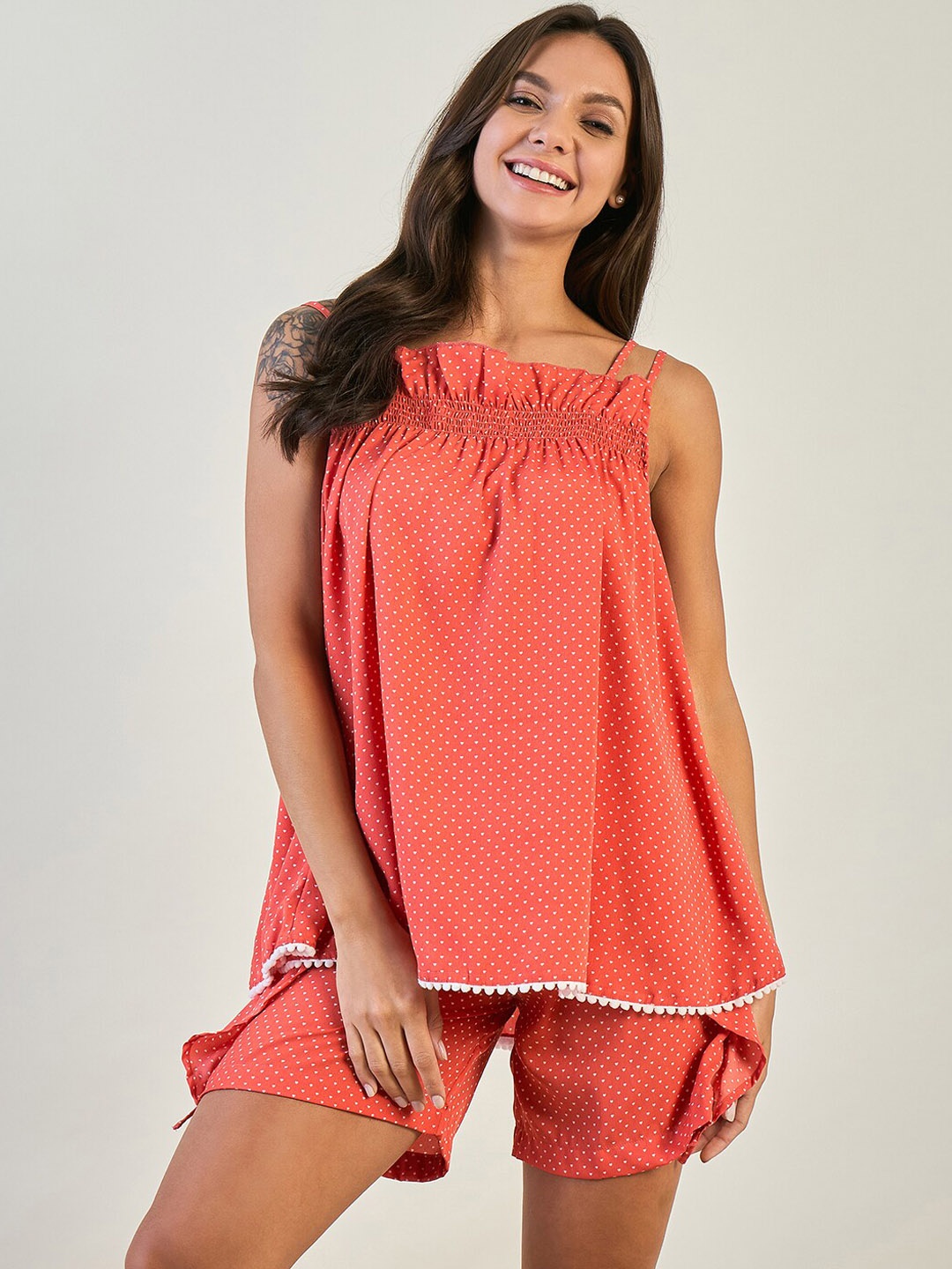 

The Kaftan Company Polka Dot Printed Night suit, Red