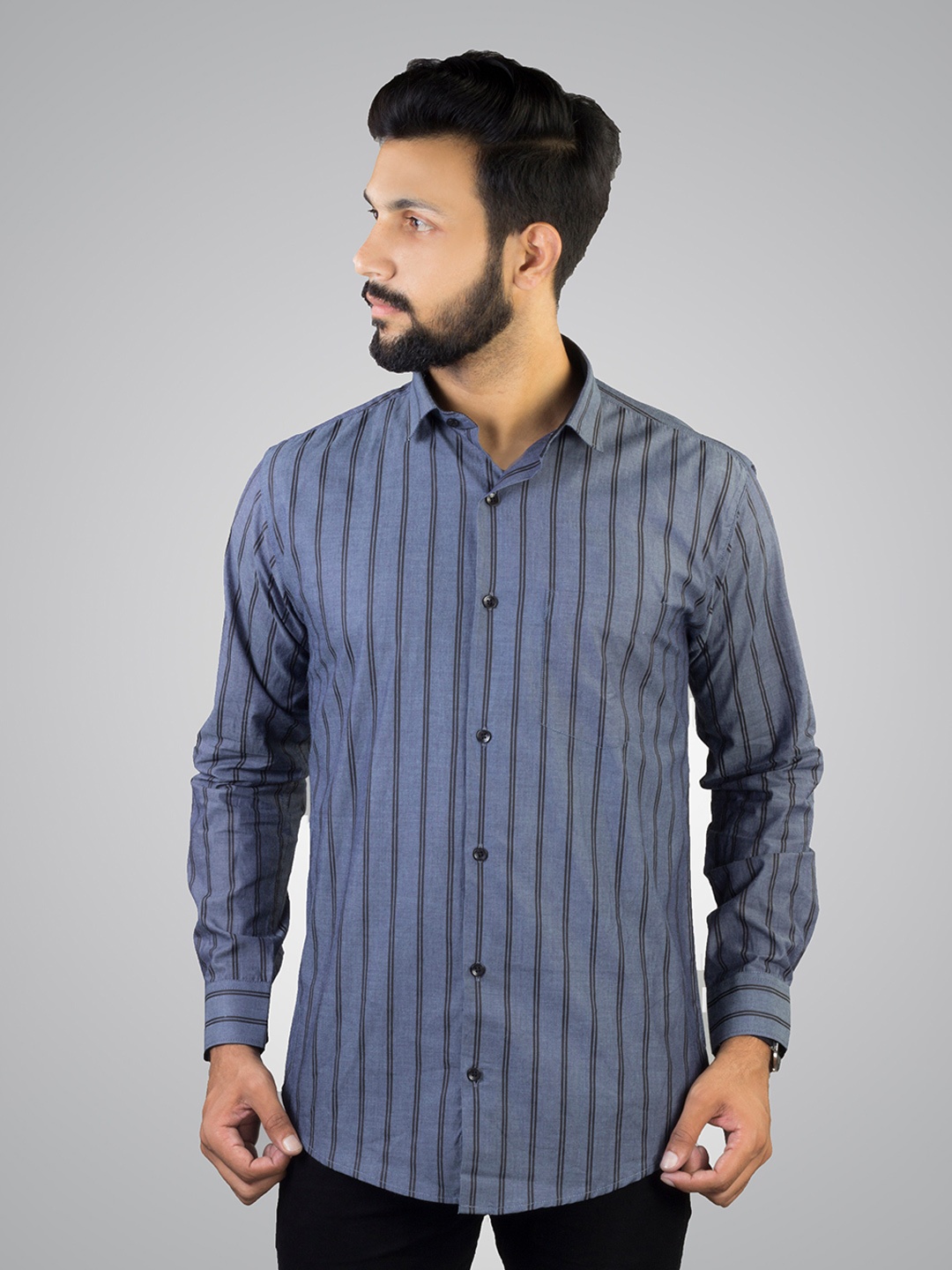 

INDIAN THREADS Vertical Striped Cotton Casual Shirt, Grey