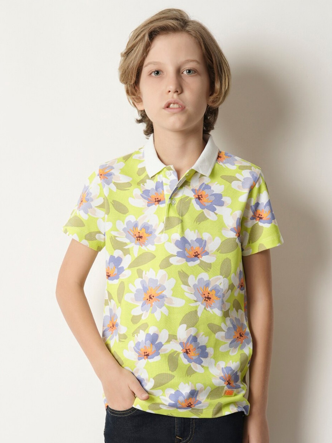

Jack & Jones Junior Boys Floral Printed Polo Collar Pure Cotton T-shirt, Green