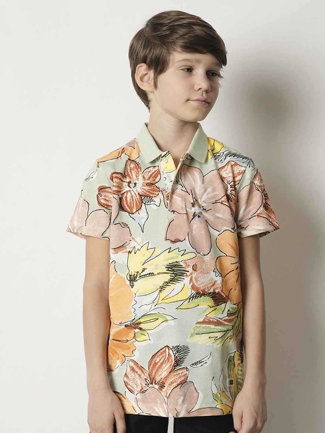 

Jack & Jones Junior Boys Floral Printed Polo Collar T-shirt, Green