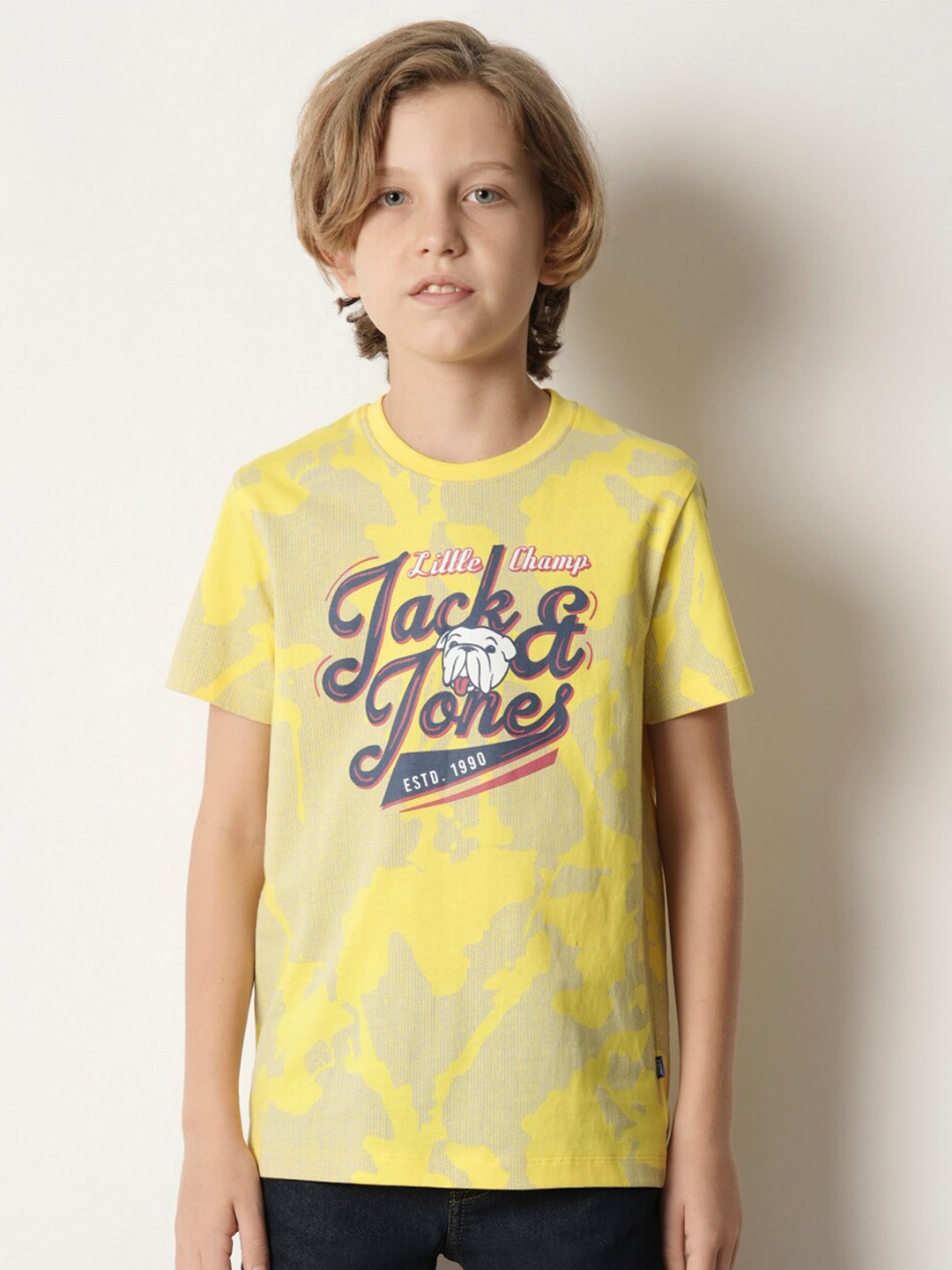 Jack & Jones Junior Boys Typography Printed Pure Cotton T-shirt, Yellow