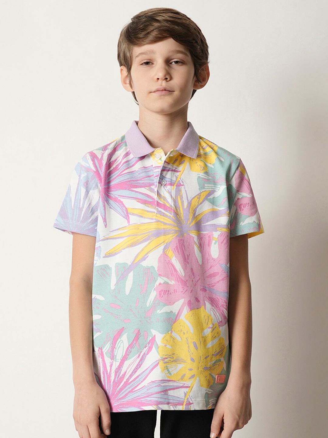 

Jack & Jones Junior Boys Floral Printed Polo Collar Pure Cotton T-shirt, White