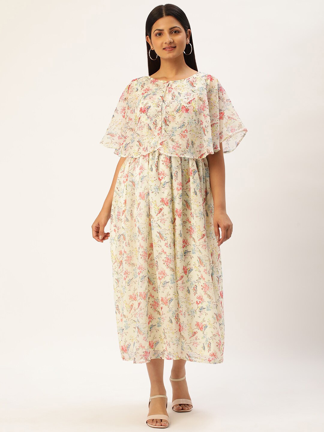 

Vinya Floral Printed Cape Sleeves Georgette Empire Maternity Midi Dress, Off white