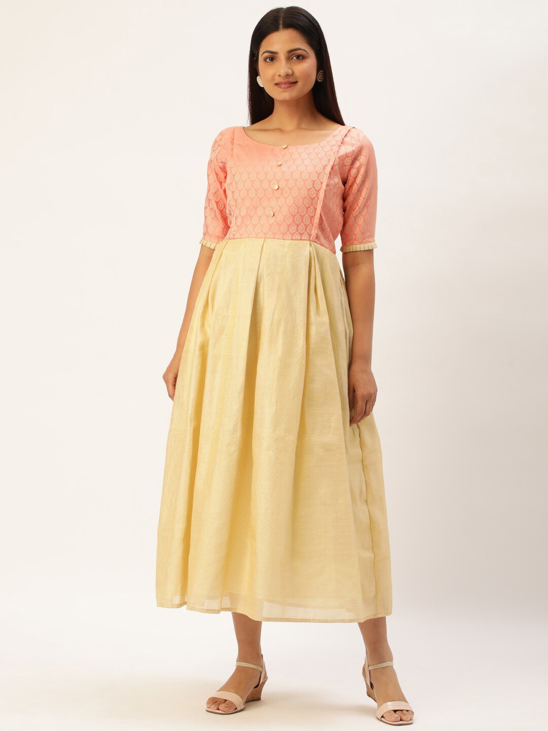 

Vinya Jacquard Ethnic Motifs Self Design Fit & Flare Maternity Maxi Ethnic Dress, Peach