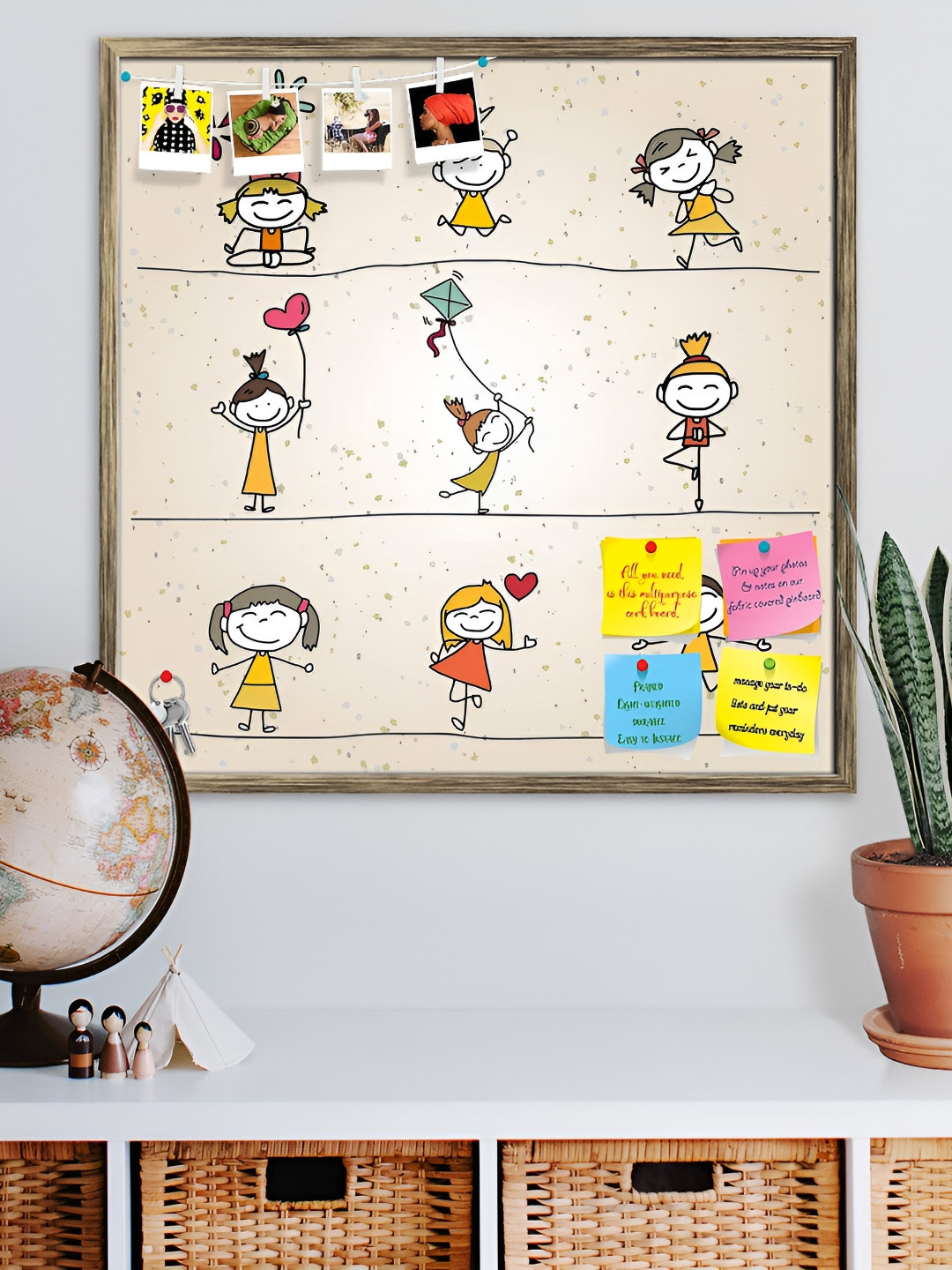 

ArtzFolio Beige Happy Kids Cartoon Printed Wooden Bulletin Board With Sticky Notes