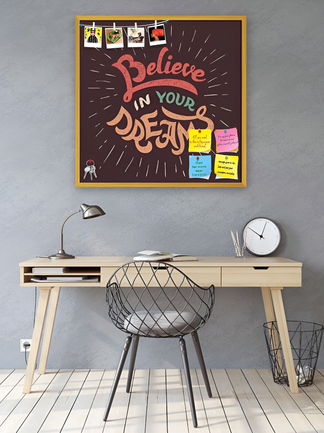 

ArtzFolio Brown Believe In Your Dreams Printed Wooden Bulletin Board With Sticky Notes, Gold