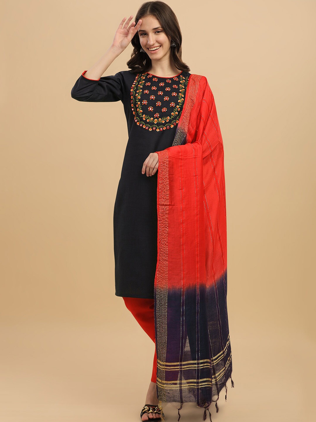 

GUFRINA Ethnic Motifs Yoke Design Regular Thread Work Kurta With Trousers & Dupatta, Blue