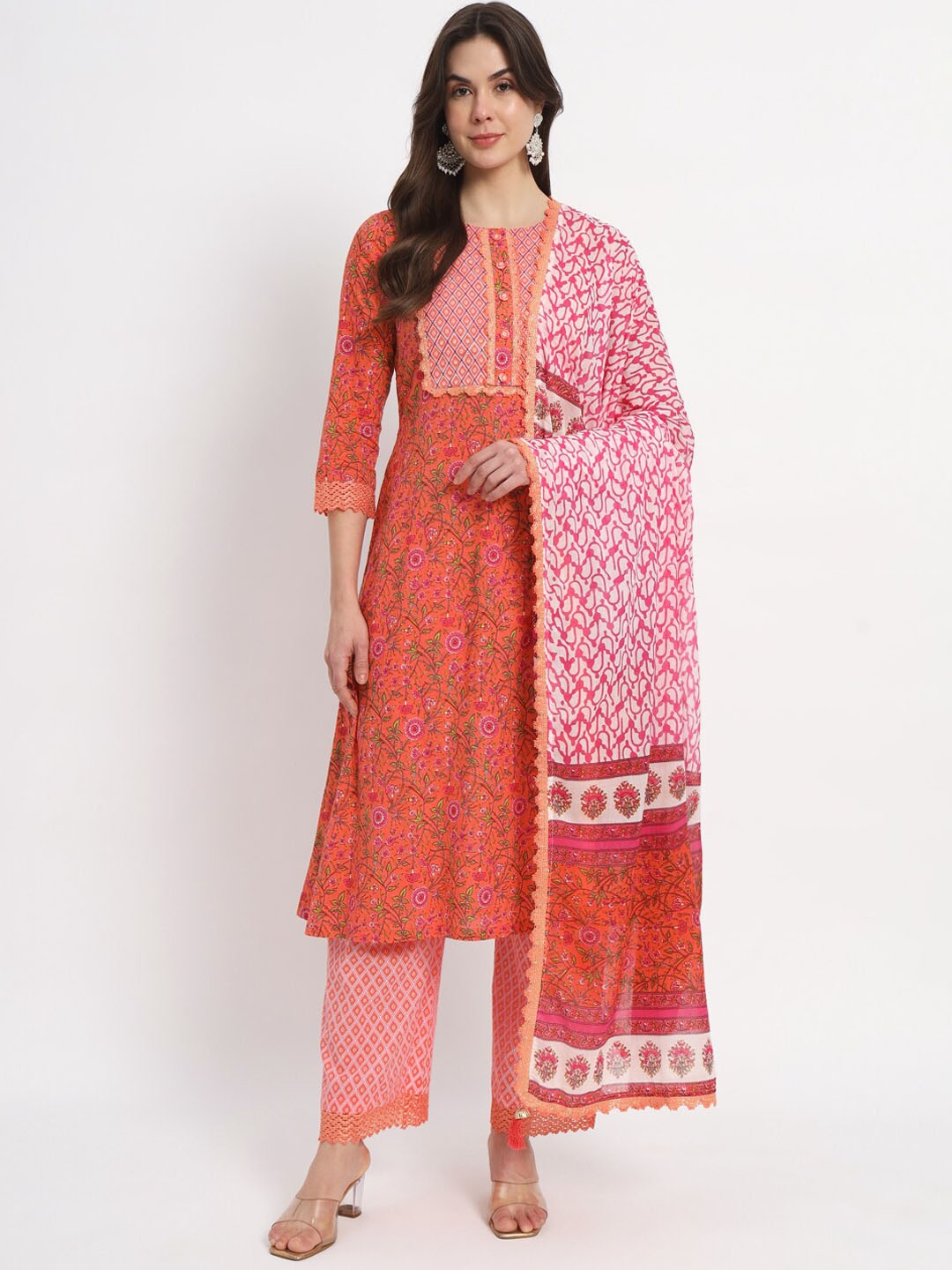 

SALWAT Floral Printed A-Line Kurta With Trousers & Dupatta, Pink