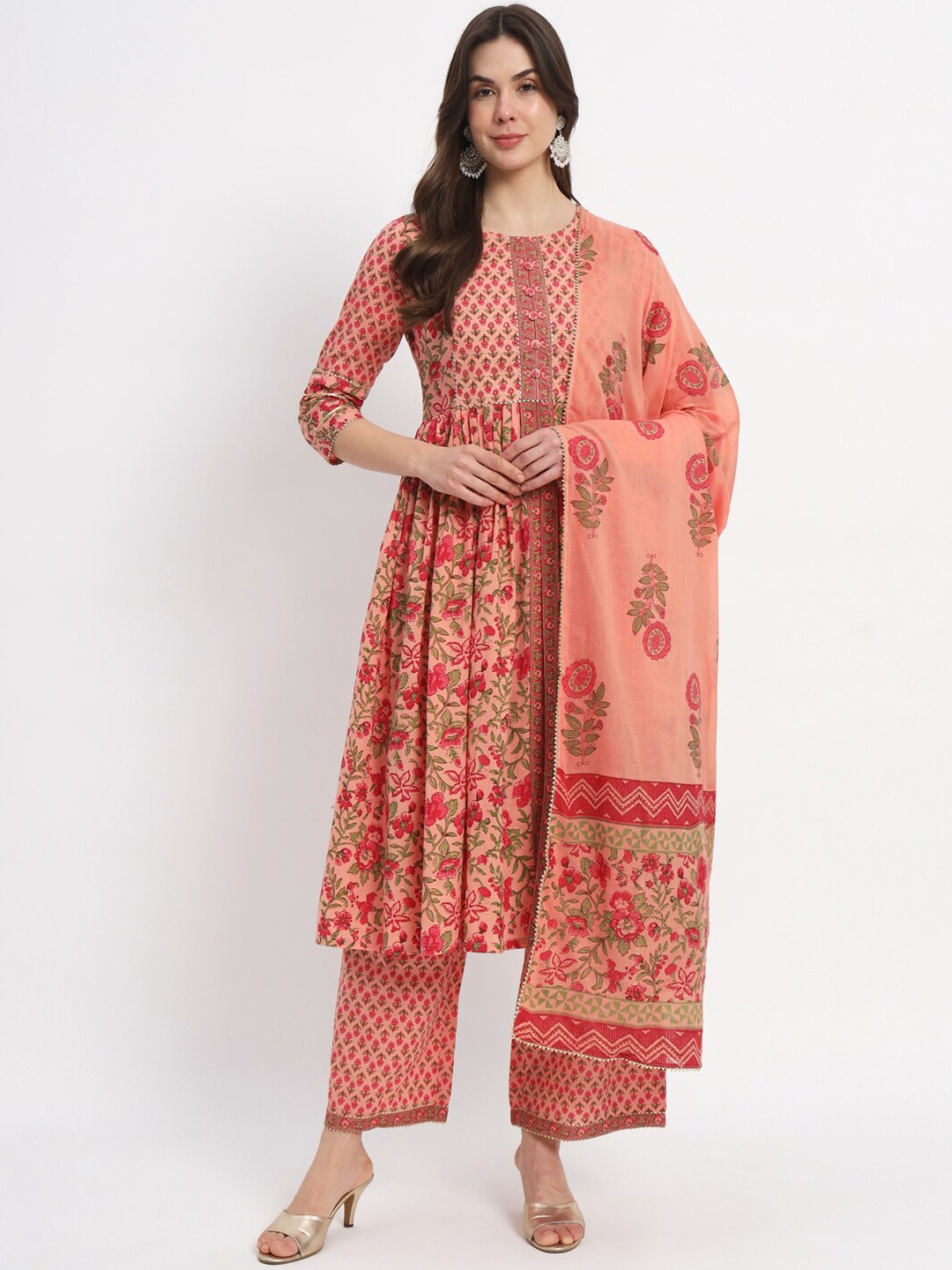 

SALWAT Floral Printed Gotta Patti Anarkali Kurta With Palazzo & Dupatta, Red