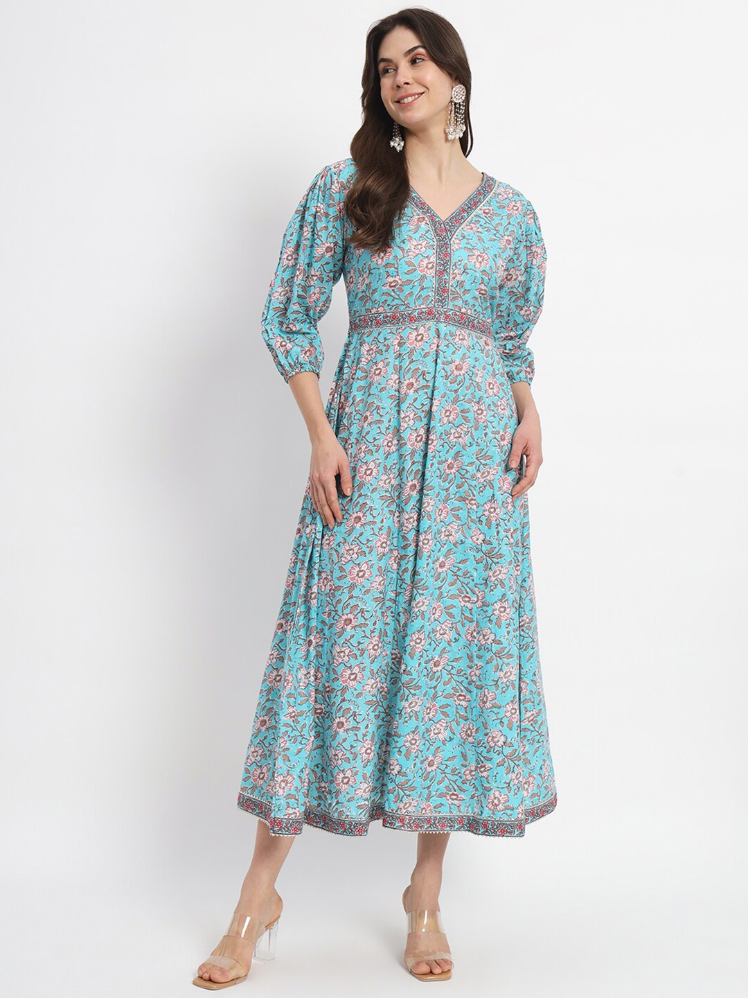 

SALWAT Floral Print V-Neck Cuffed Sleeves Fit & Flare Cotton Midi Dress, Blue