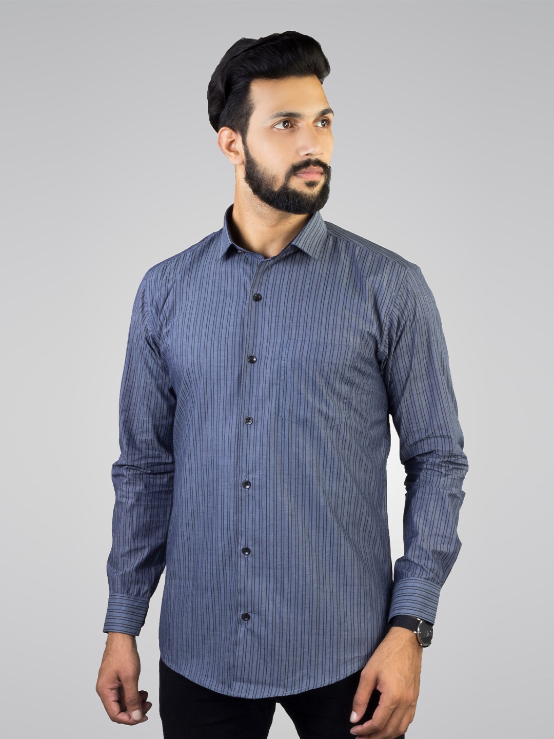 

INDIAN THREADS Slim Fit Striped Cotton Formal Shirt, Grey melange