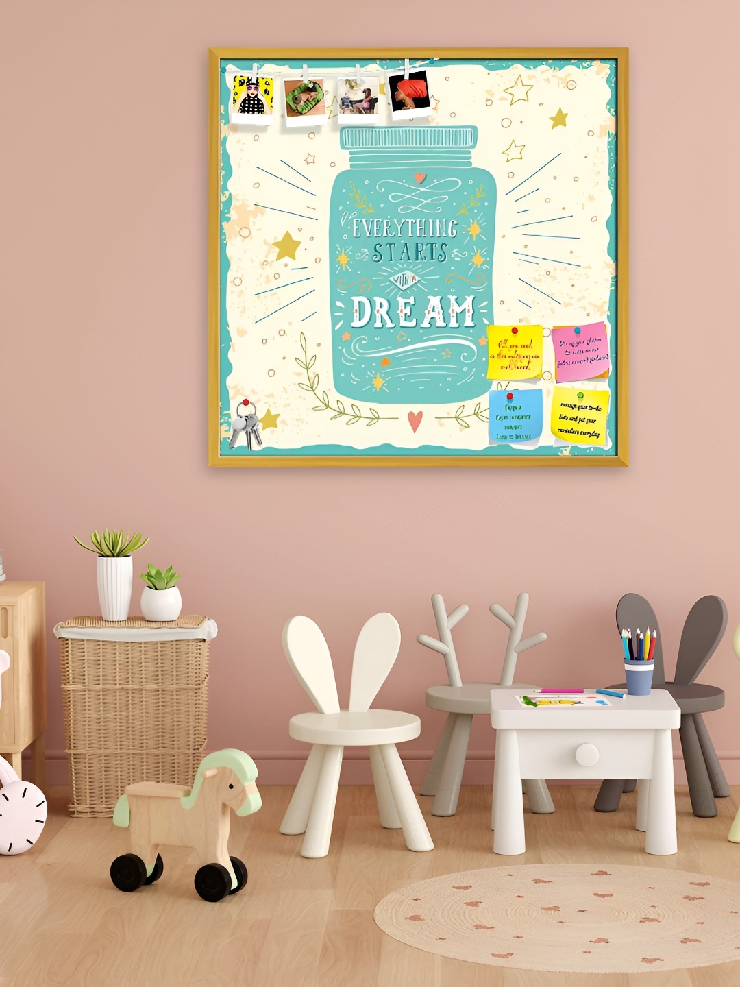 ArtzFolio Brown Everything Starts With Dream Printed Wooden Bulletin Board, Gold