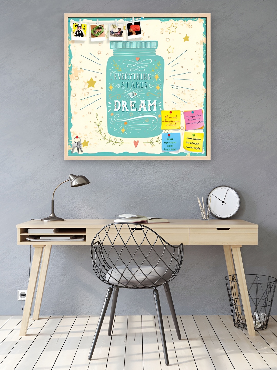 ArtzFolio Beige & Blue Printed Wooden Bulletin Board With Sticky Notes