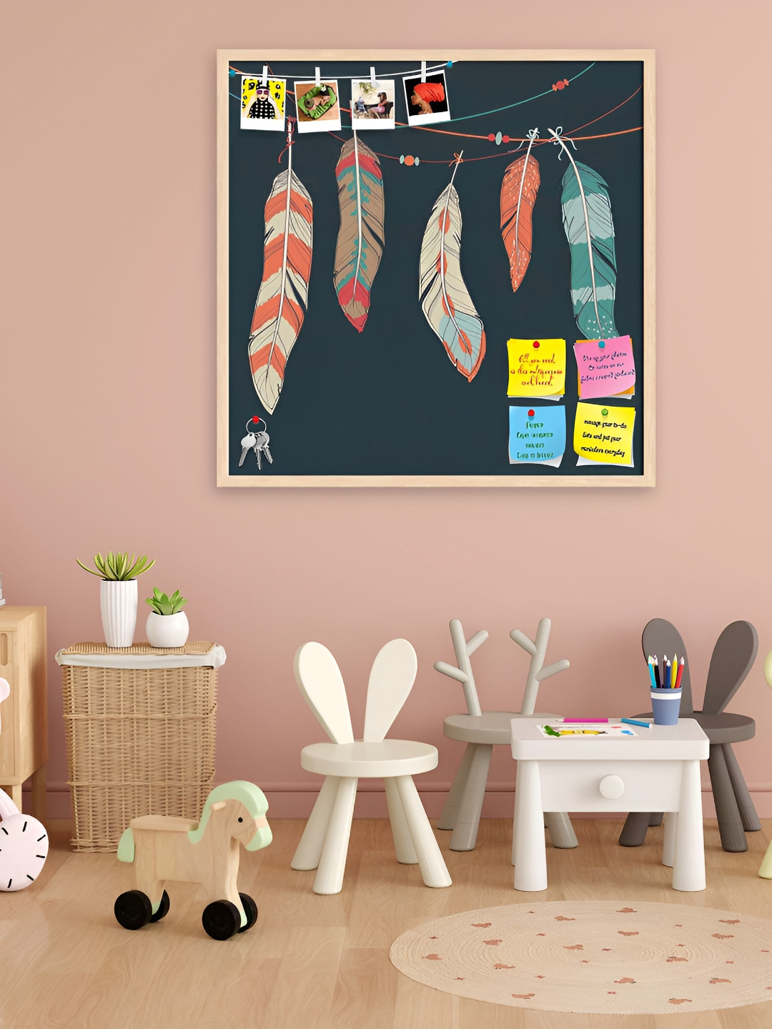 

ArtzFolio Black Feathers Hanging On Threads Printed Wooden Bulletin Board With Sticky, Camel brown